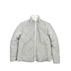 Mens Reversible Quilted Puffer Jacket Sherpa‎ Fleece Grey Cream Mock Neck Zip Up